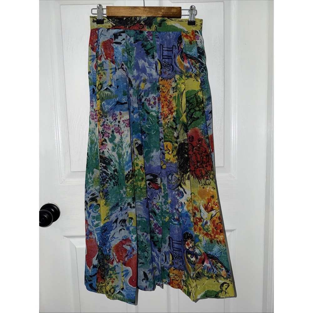 VTG Geiger Vintage Equestrian Motif Print Pleated A-Line Skirt‎ Sz 36 Wool Blend